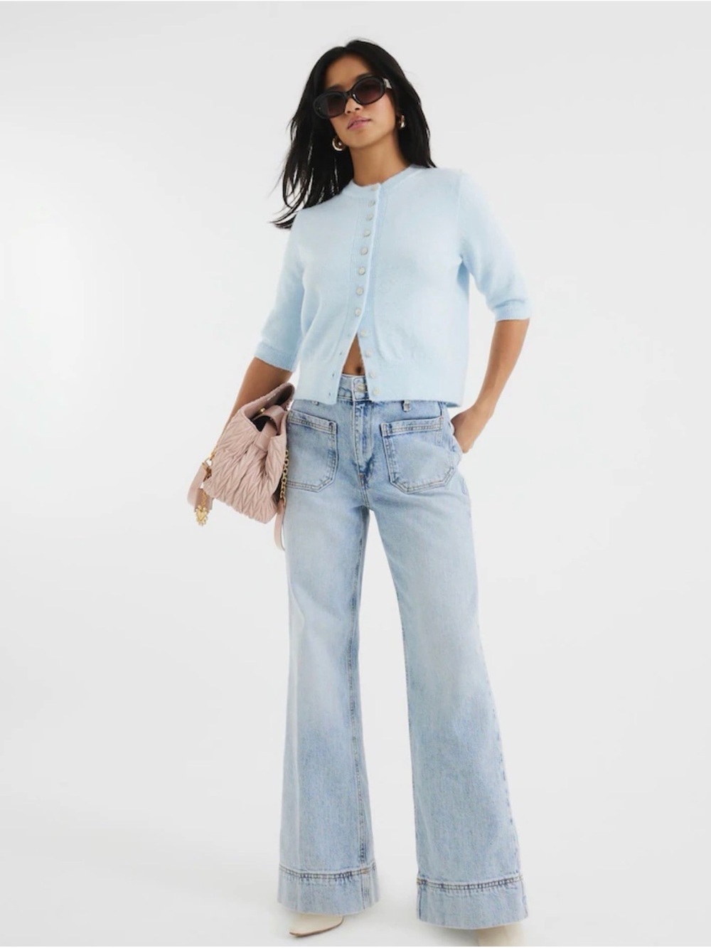 MNG Blue Washed High Waisted Pocket Front Wide Leg Jeans Size 6